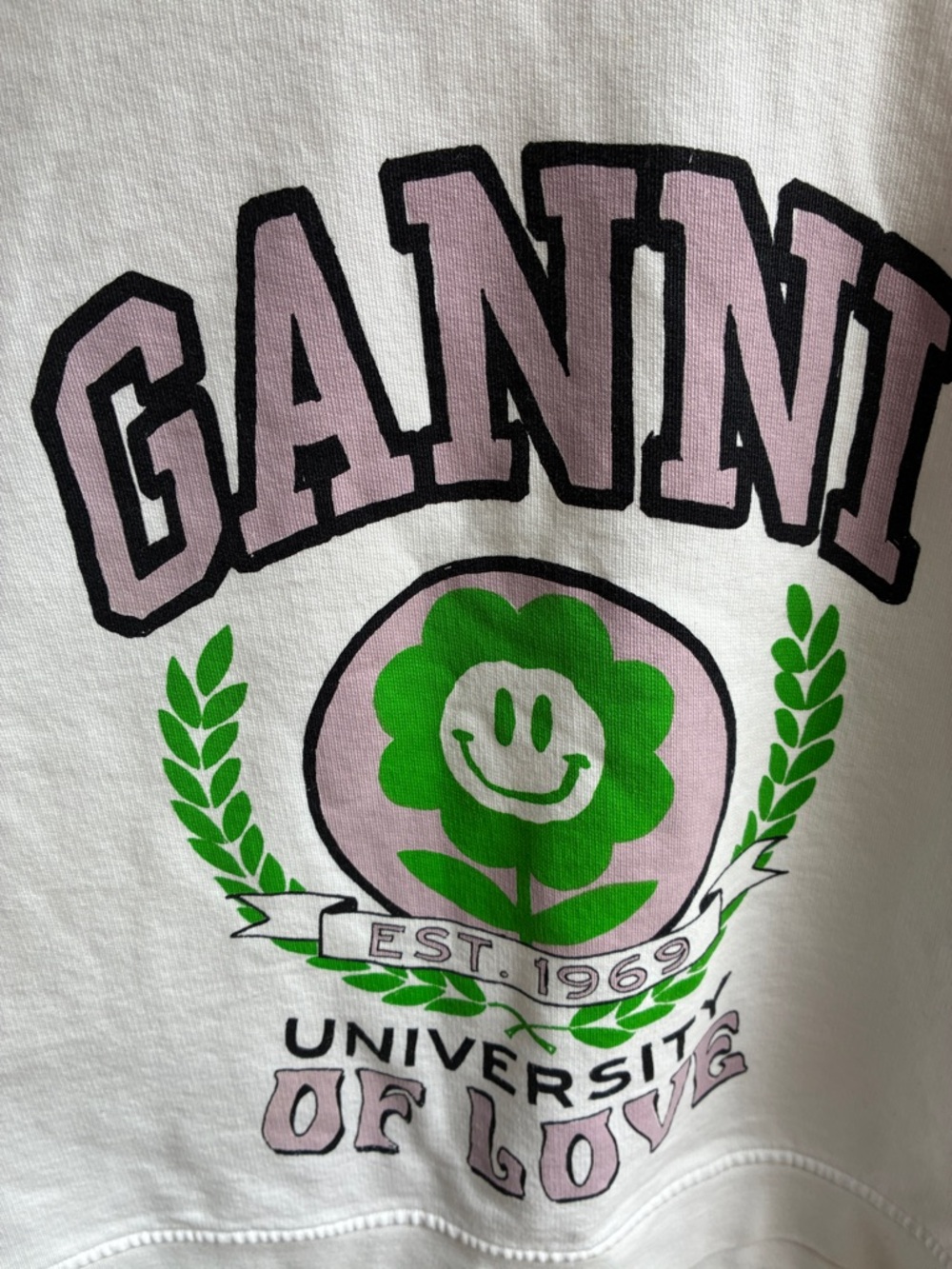 Ganni White Sweatshirt with Pink Logo and Green Graphic - Picture 3 of 5